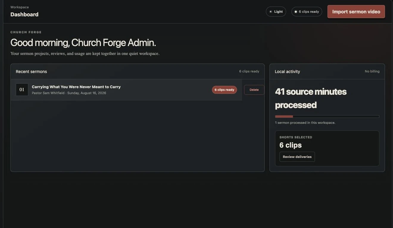 Church Forge dashboard showing a sermon ready for clip review.