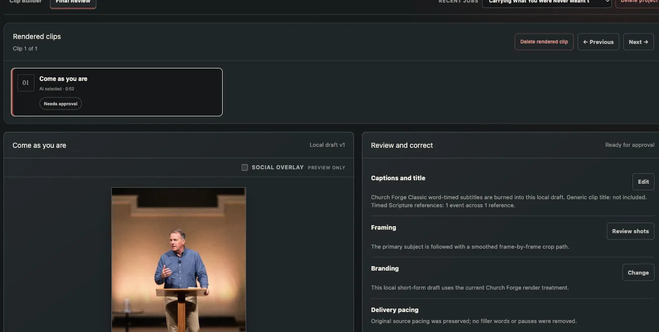 Church Forge Final Review with a vertical clip, caption settings, and approval controls.