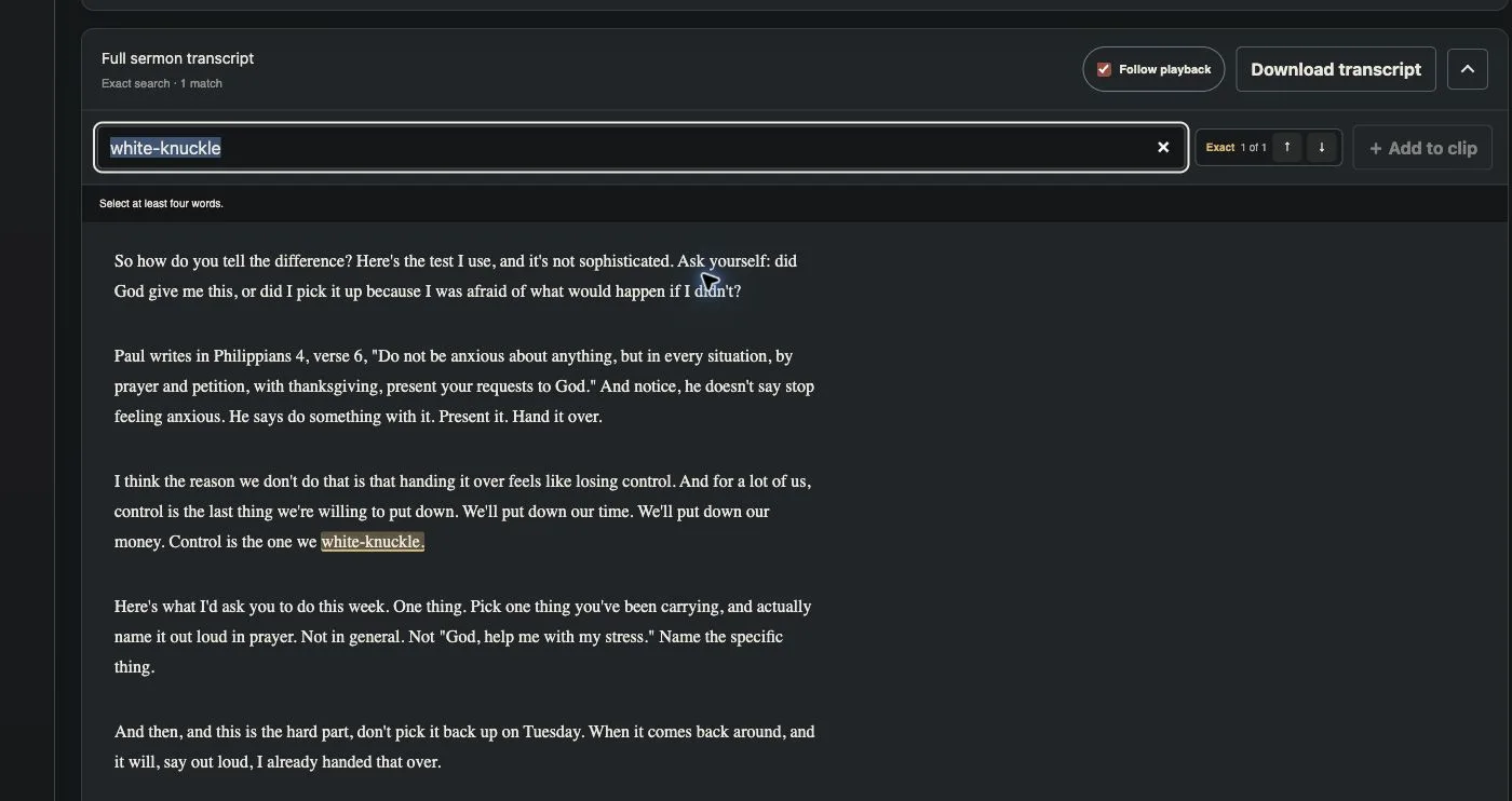Church Forge full sermon transcript with search and clip-building controls.