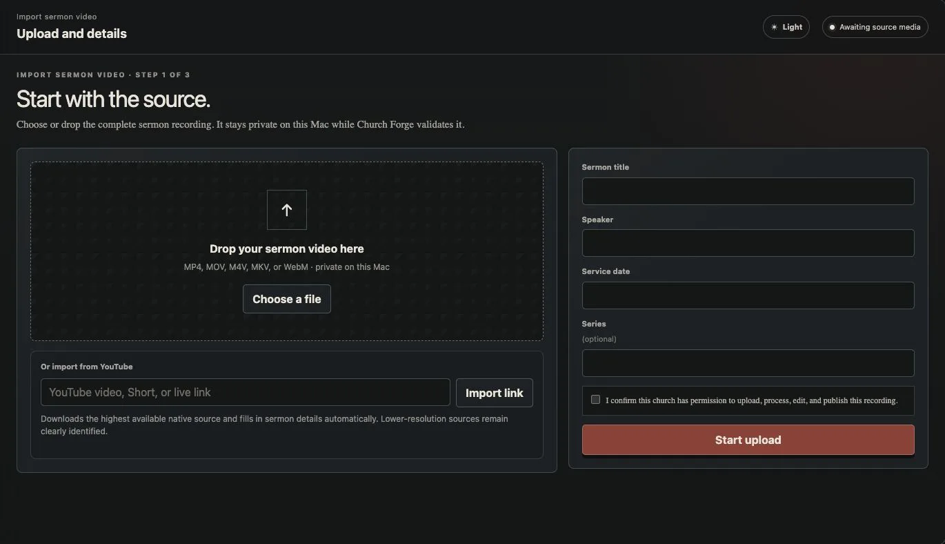 Church Forge import screen with file upload and YouTube stream options.
