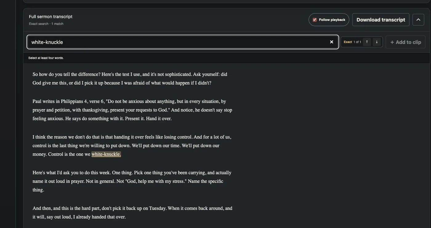 Church Forge transcript search with a highlighted result and Add to clip control.