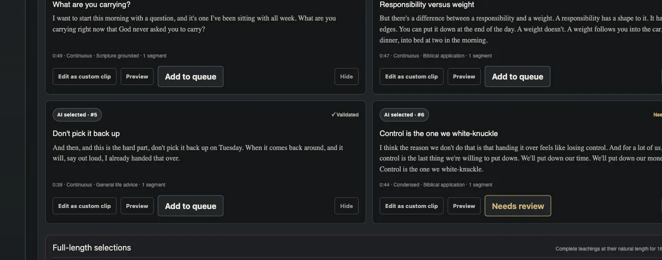 Church Forge Clip Builder showing validated clips and a clip held for human review.